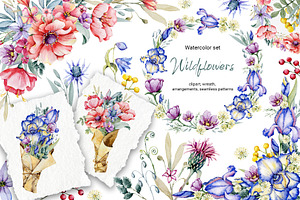 Watercolor wildflowers set