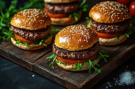 Tasty burgers on a wooden board, a Photo by Beautiful things