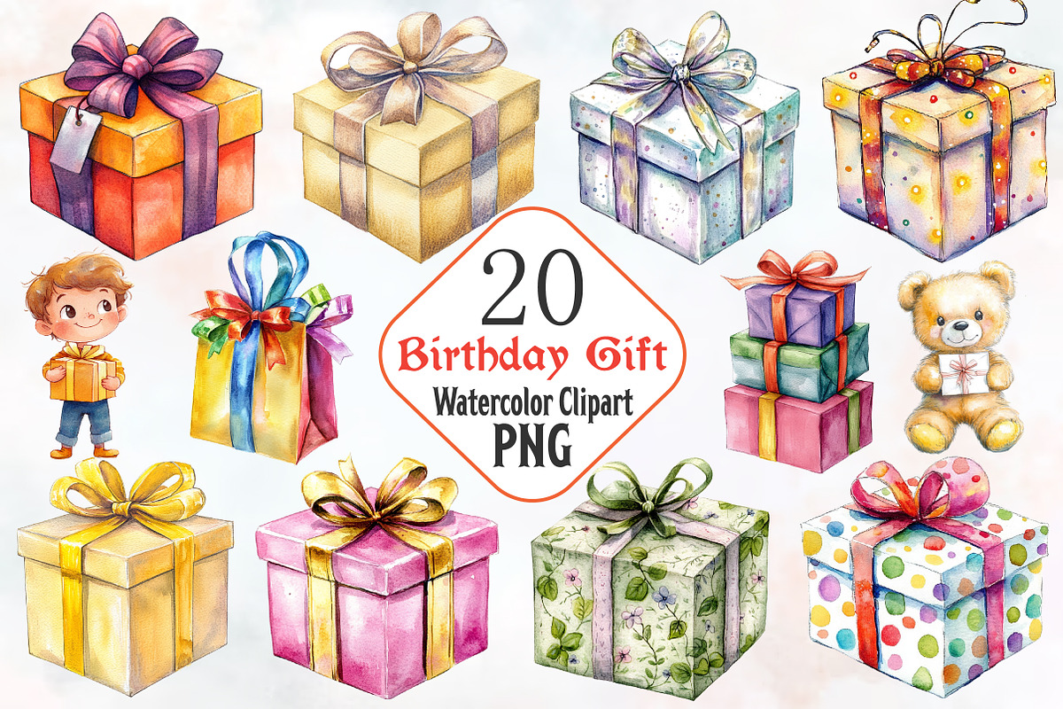 Birthday Gift Watercolor Cliparts, a Seasonal Illustration by RobertsArt (Photo 1 of 7)