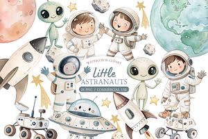 Little Astronauts Watercolor Set, an Illustration by MockupWizard