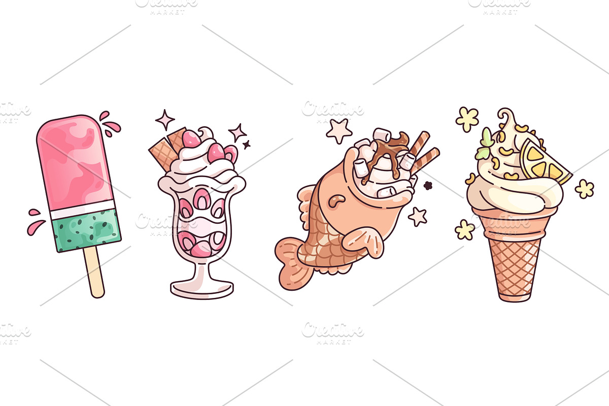 Kawaii ice cream desserts, a Food Illustration by art PVP - market