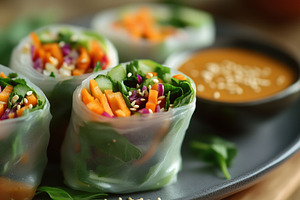 Close up on summer vegan rolls with, a Food & Drink Photo by MistyDay