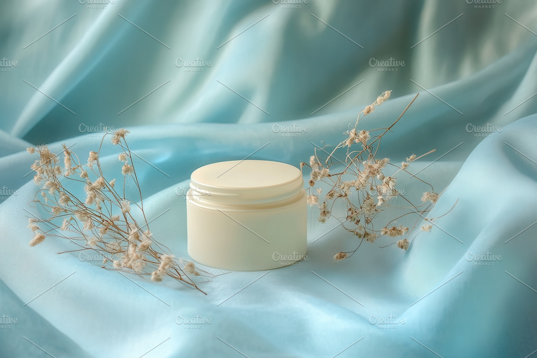 Delicate cream jar with blue fabric, a Photo by Pavel_design