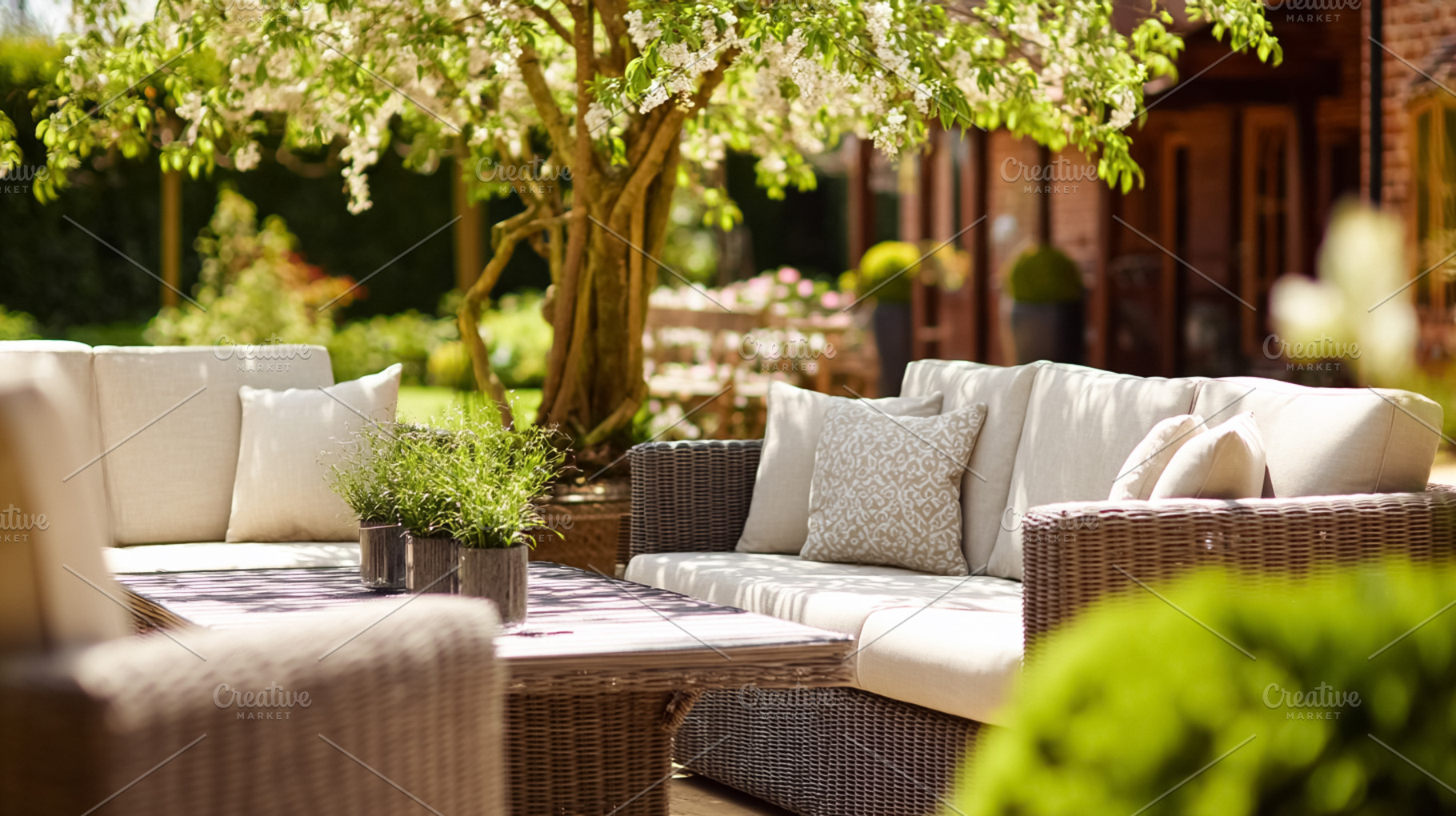 Outdoor wicker sofa and lounge furniture on a patio creating a r, a Photo by Studio ANNA