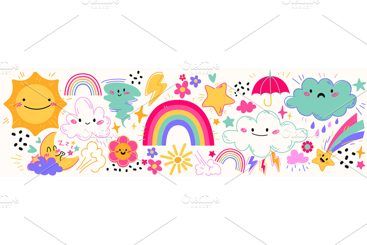 Cute colorful weather icons on white, an Illustration by art PVP - market