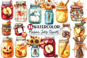 Watercolor Fall Mason Jars Clipart, an Illustration by Rose Art