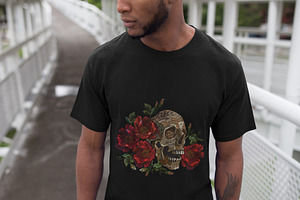 Embroidery Human Skull And Red Roses