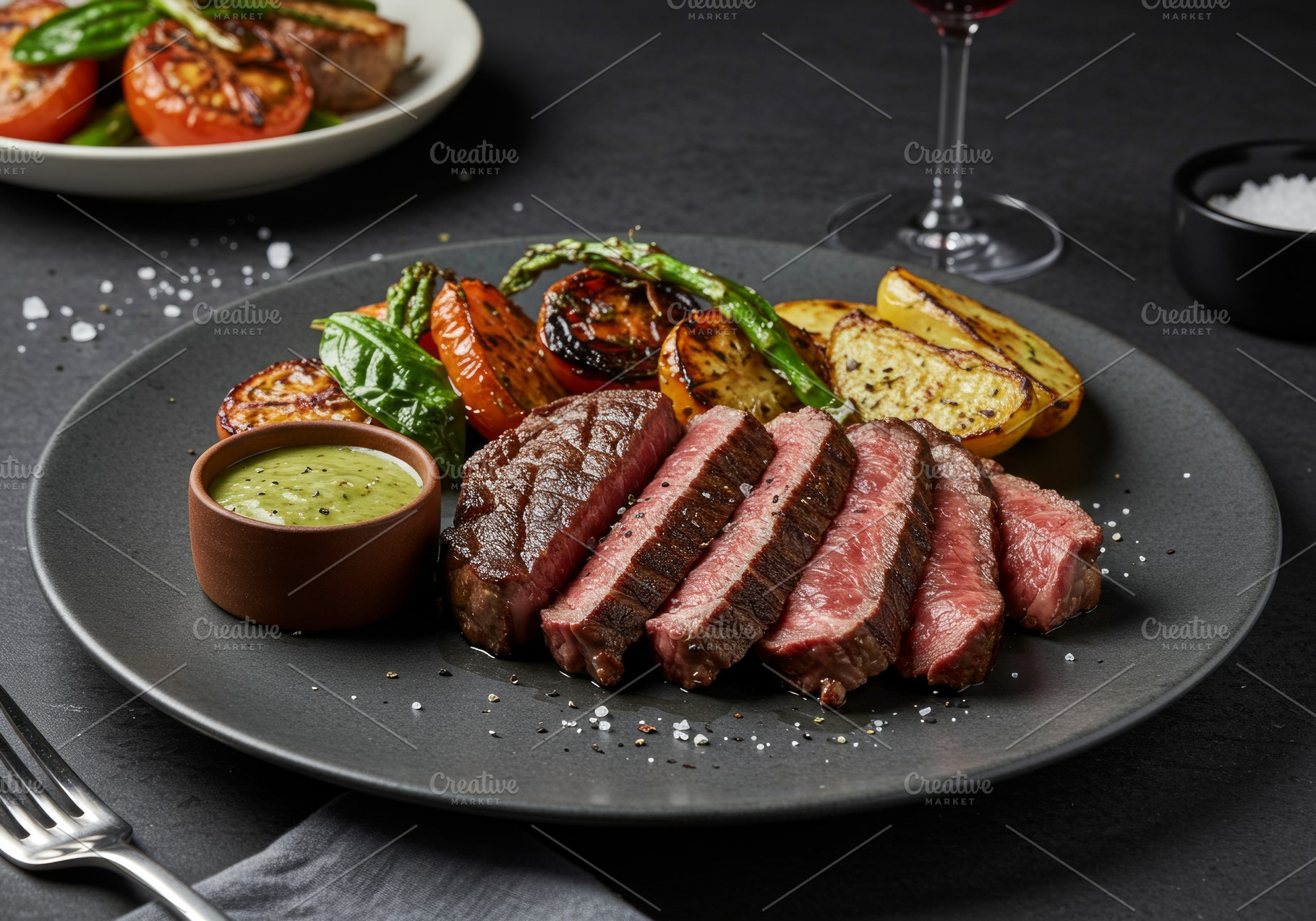 Sliced medium-rare steak served with, a Food & Drink Photo by professorinc