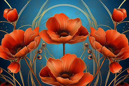 Red poppies in art deco style, line