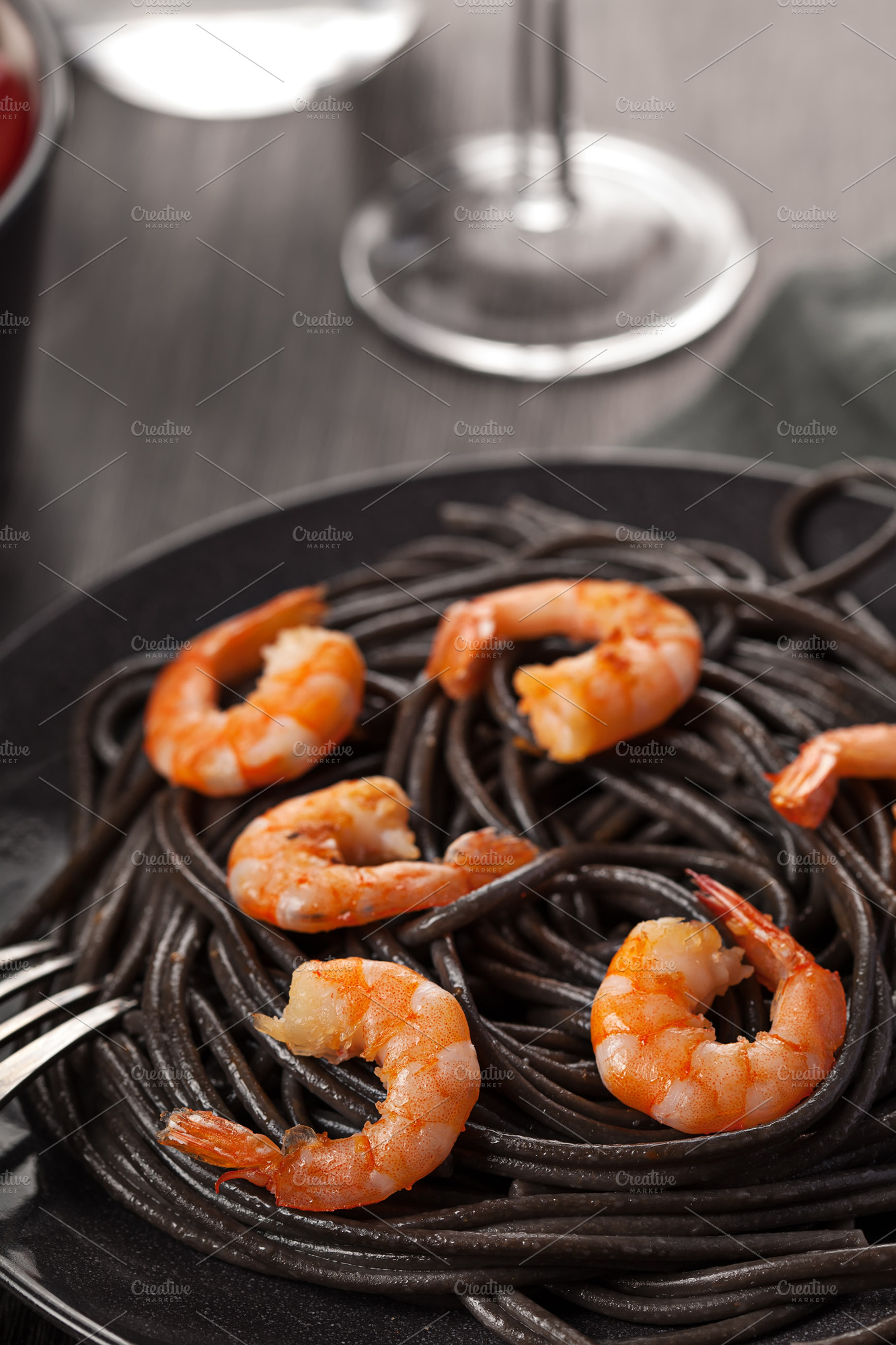 Black Italian Pasta With Shrimps Food On Dark Background Featuring