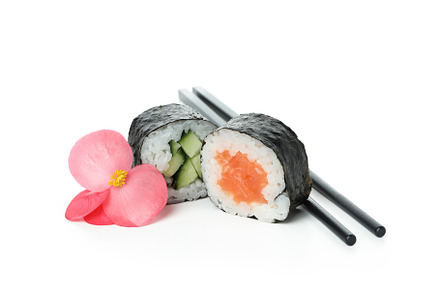 Maki, ginger and chopsticks isolated on white background, a Food & Drink Photo by AtlasStudio
