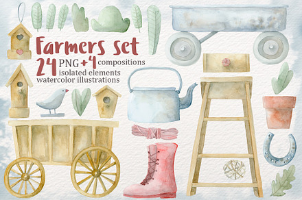 Farmers watercolor illustrations set