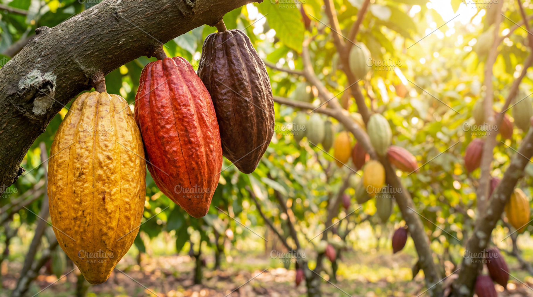 Cocoa colorful fruit on a tree, a Food & Drink Photo by Volff