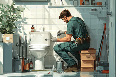 Plumber repairing toilet in sunlit b, a Background Photo by Pixeness