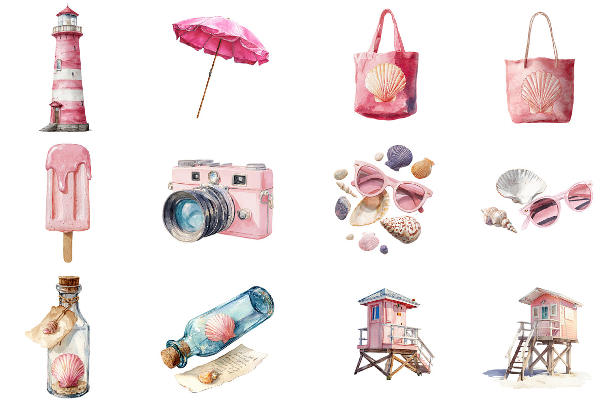 Watercolor Pink Beach Day Clipart, an Illustration by DreamCafeArt (Photo 2 of 8)
