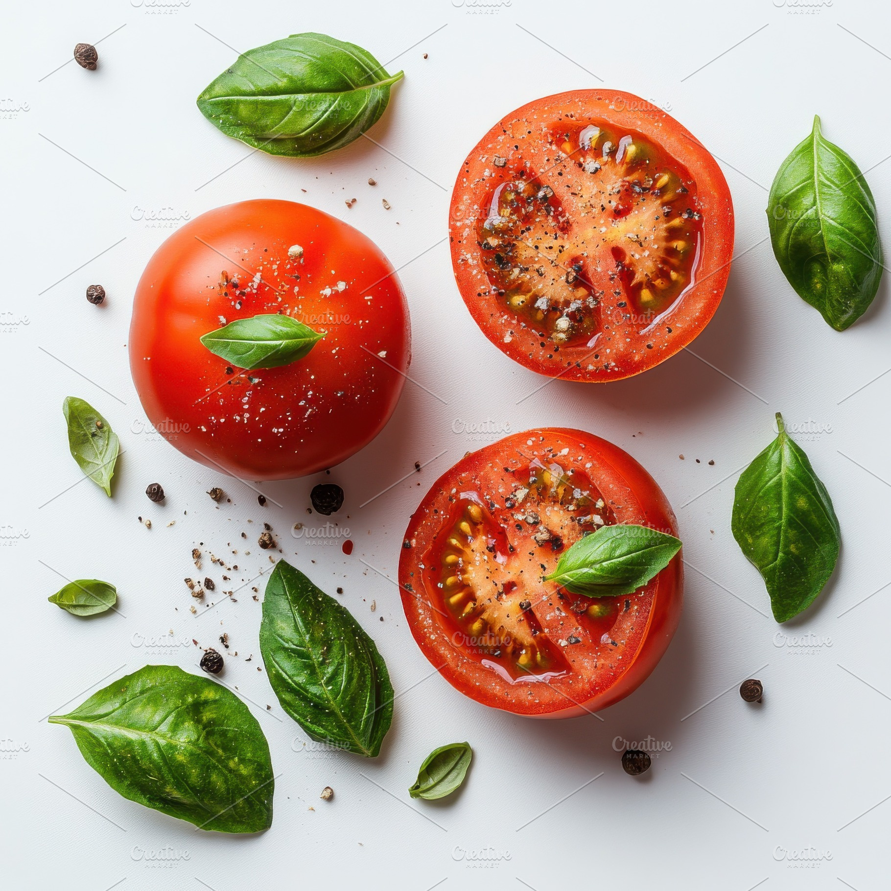 Tomatoes with green basil leaves, is, a Food & Drink Photo by Pixeness