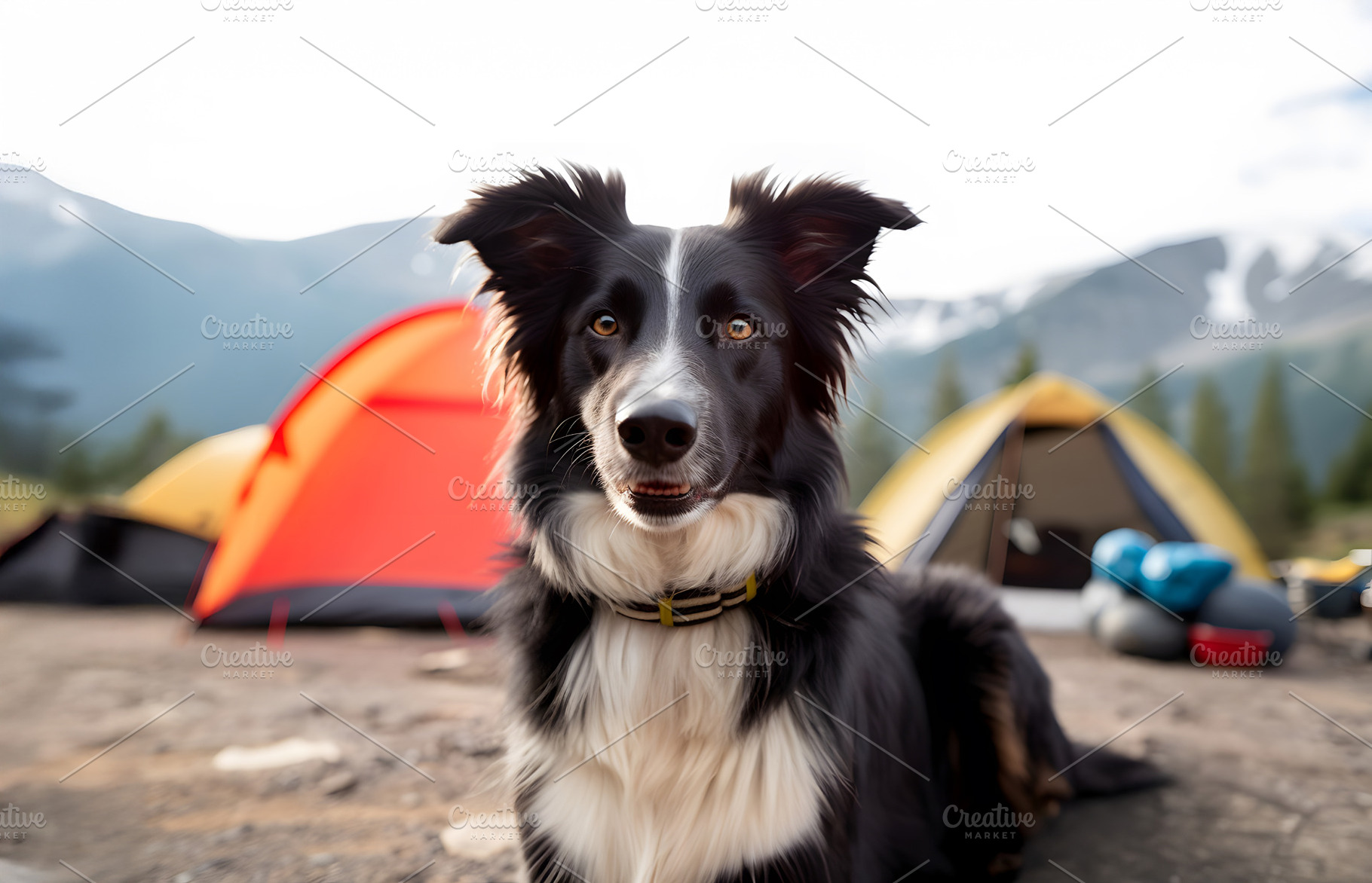 Portrait of Australian Shepherd dog in front of camping tent in mountain forest, an Animal Photo by Lenor4ik