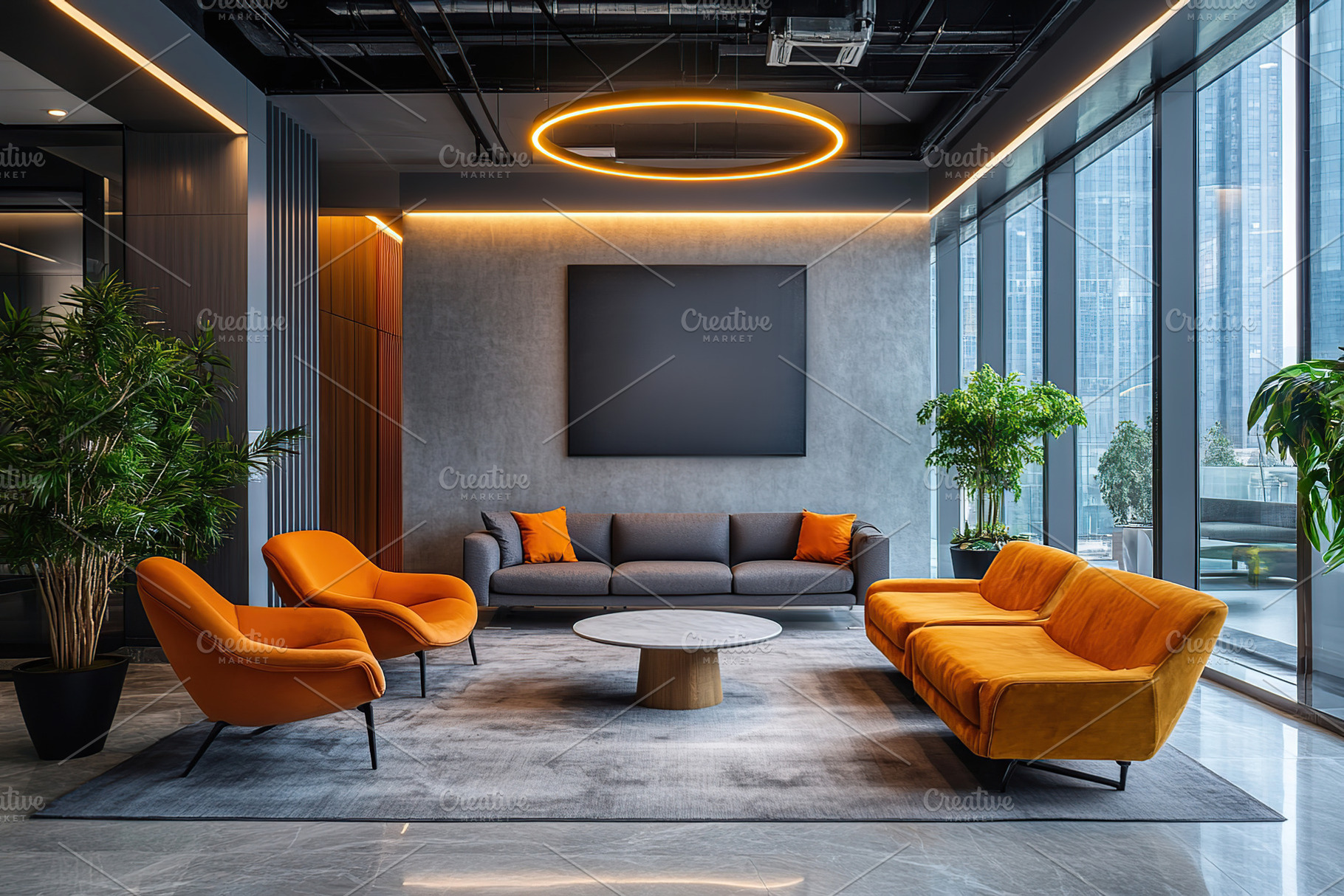 Modern lounge interior with stylish furniture and greenery in a, a Beauty & Fashion Photo by AlyaAnd
