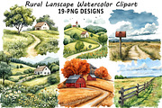 Rural Lanscape Watercolor Clipart, an Illustration by Daily.Designs (Thumbnail 1 of 5)