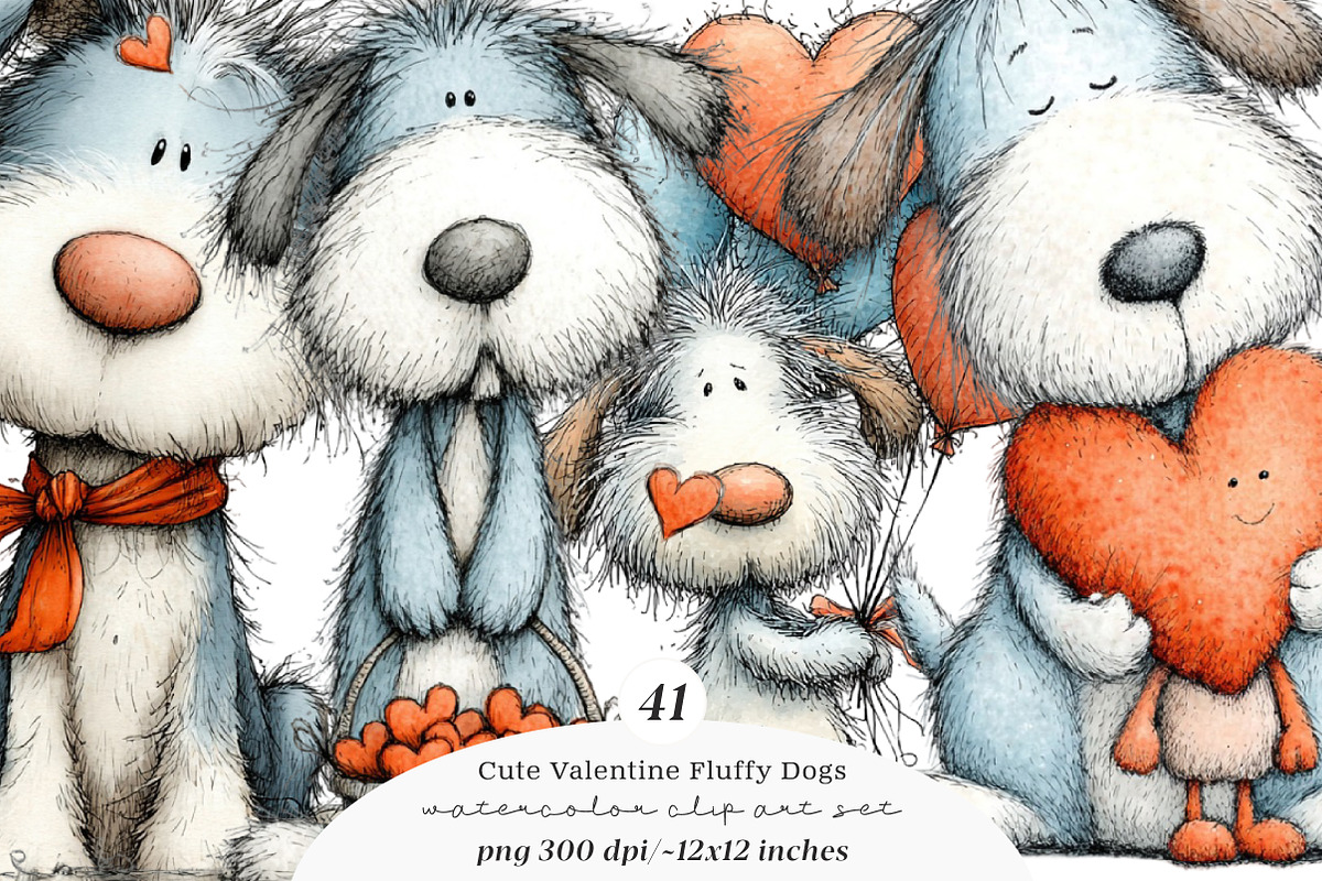 Cute Whimsical Valentine Fluffy Dogs, an Illustration by SinaCreation (Photo 1 of 11)