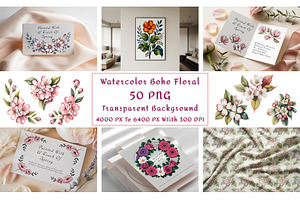 Boho Watercolor Floral Clipart Set