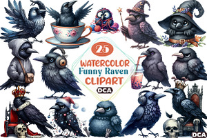 Watercolor Crow Clipart, Funny Raven, an Illustration by DreamCafeArt