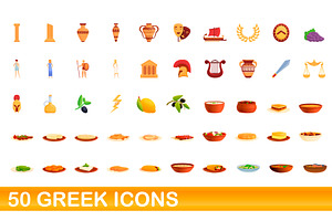 50 Greek Icons Set, Cartoon Style