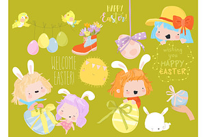 Happy Easter Set with Cute Girls and, an Object Illustration by Maria Starus