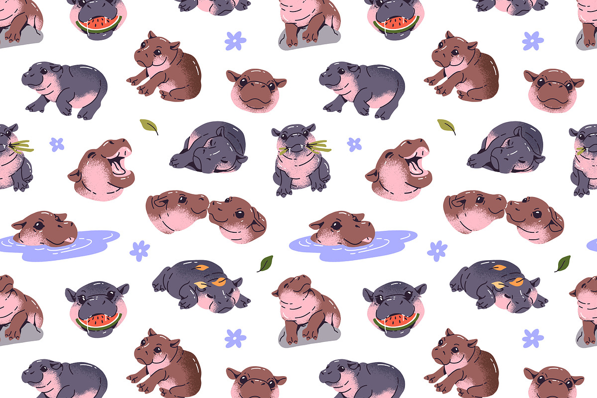 Cute hippos set + seamless patterns, an Animal Illustration by PaperTrident (Photo 14 of 14)