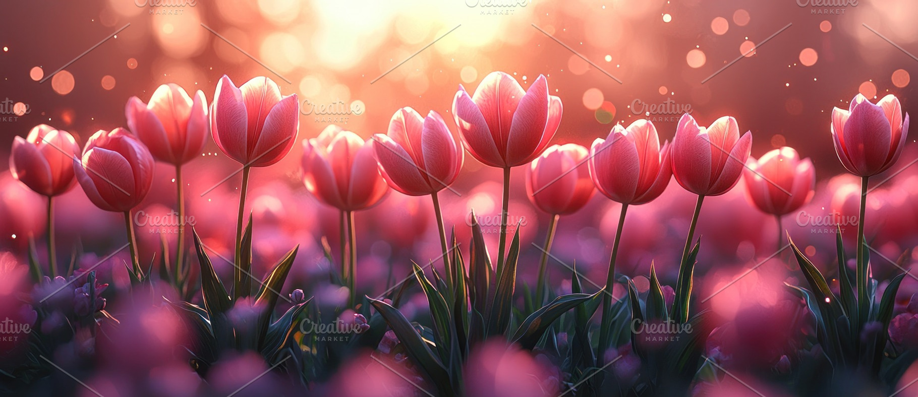Pink tulips blooming in a dreamy spring garden at sunset with gl, a Nature Photo by José Manuel Gelpi