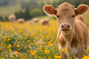 A curious young calf stands amidst a vibrant field of yellow wildflowers, embod, an Animal Photo by ImageMir