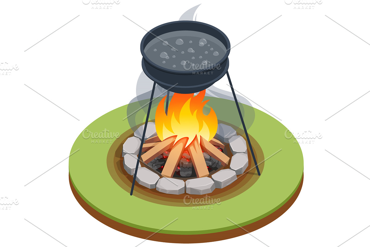Isometric crackling campfire with, an Illustration by Golden Sikorka