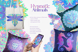 12 Hypnotic Animals. Vector Set.