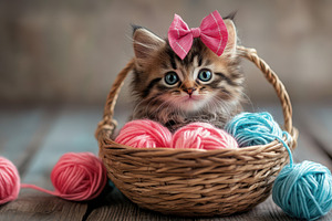 Cute kitten with a pink bow nestled, a Photo by Pavel_design