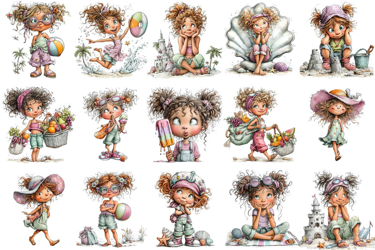 Whimsical Summer Beach Girl Clipart, an Illustration by OK Design (Photo 3 of 6)