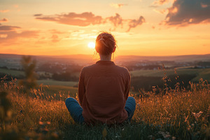 Woman in meditation pose observes a, a Photo by Pixeness Studio