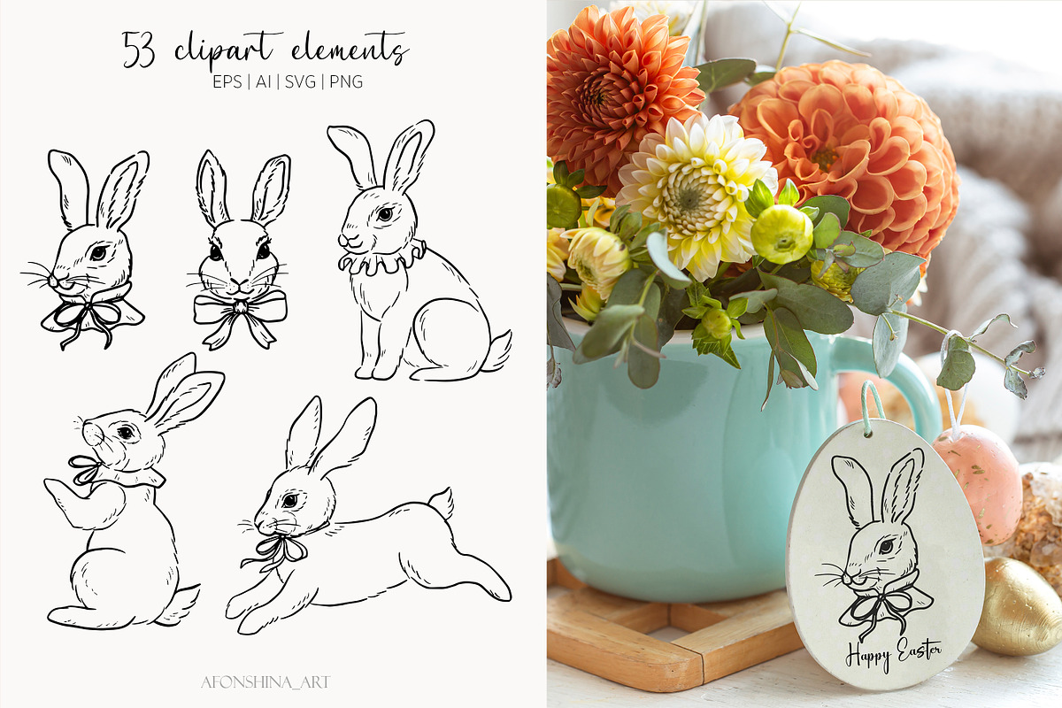 Easter rabbit hand-drawn vector set, a Decorative Illustration by AfonshinaArt (Photo 7 of 15)
