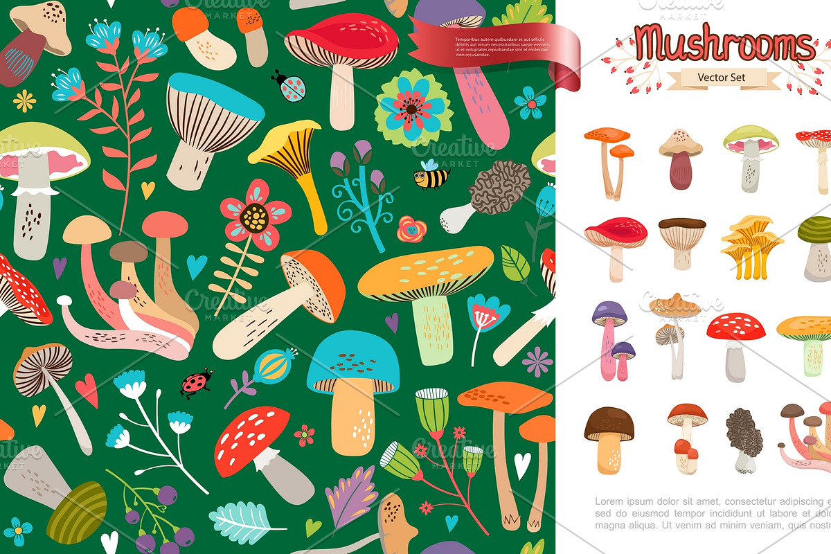 Summer forest mushrooms concept, a Food Illustration by Microvector