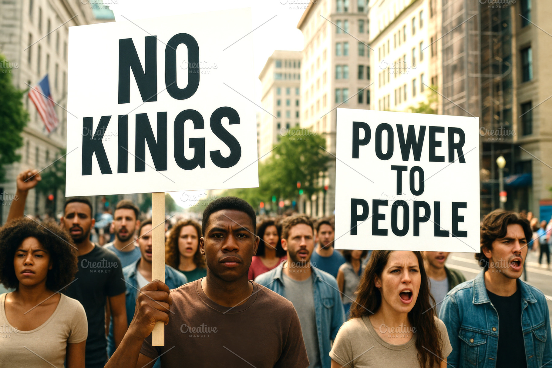 Protesters in a street march holding, a Photo by Dvoevnore photos