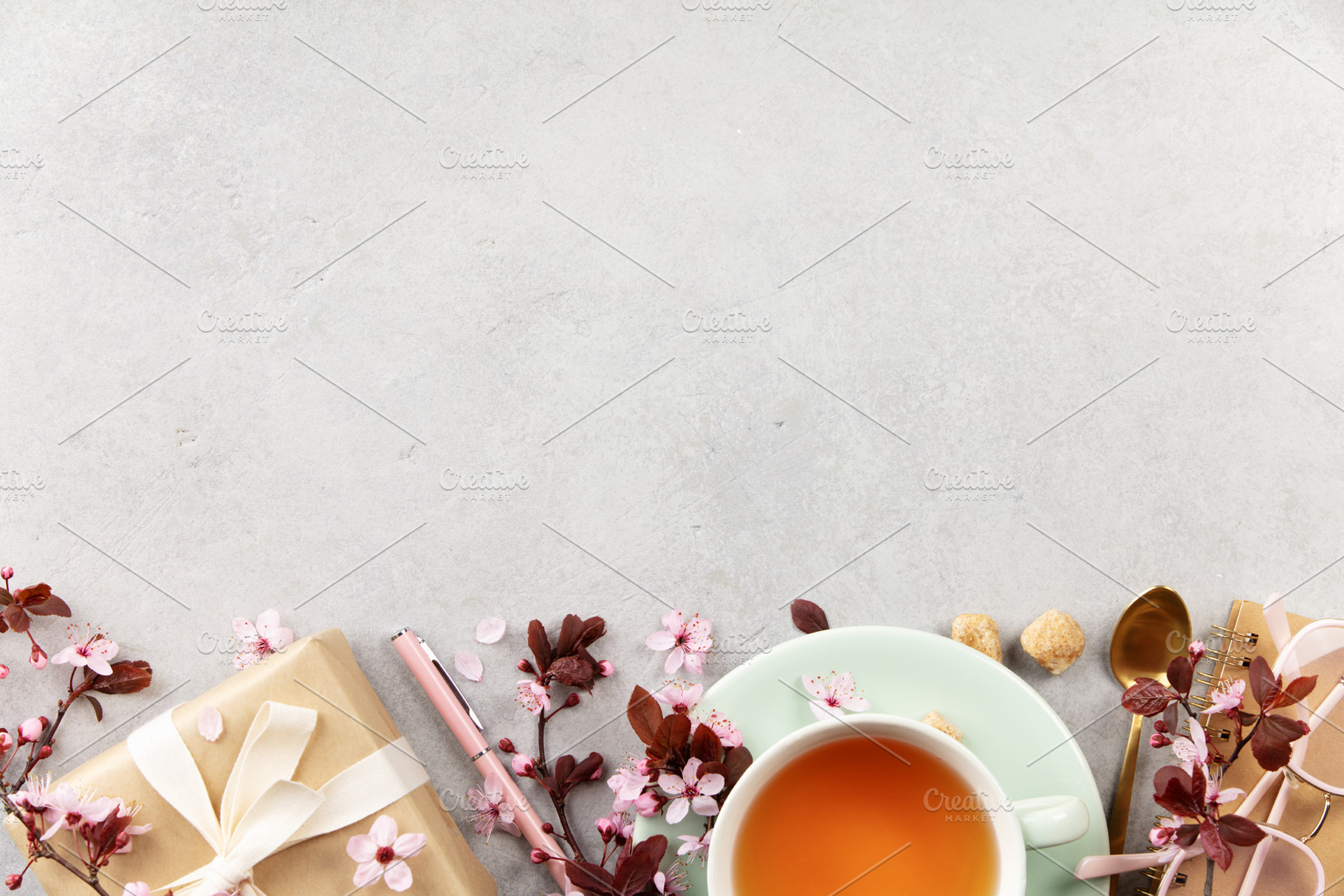 Spring Tea Flat Lay with Gift Box, Blossoms and Copy Space, a Food & Drink Photo by Natalia Klenova's Shop