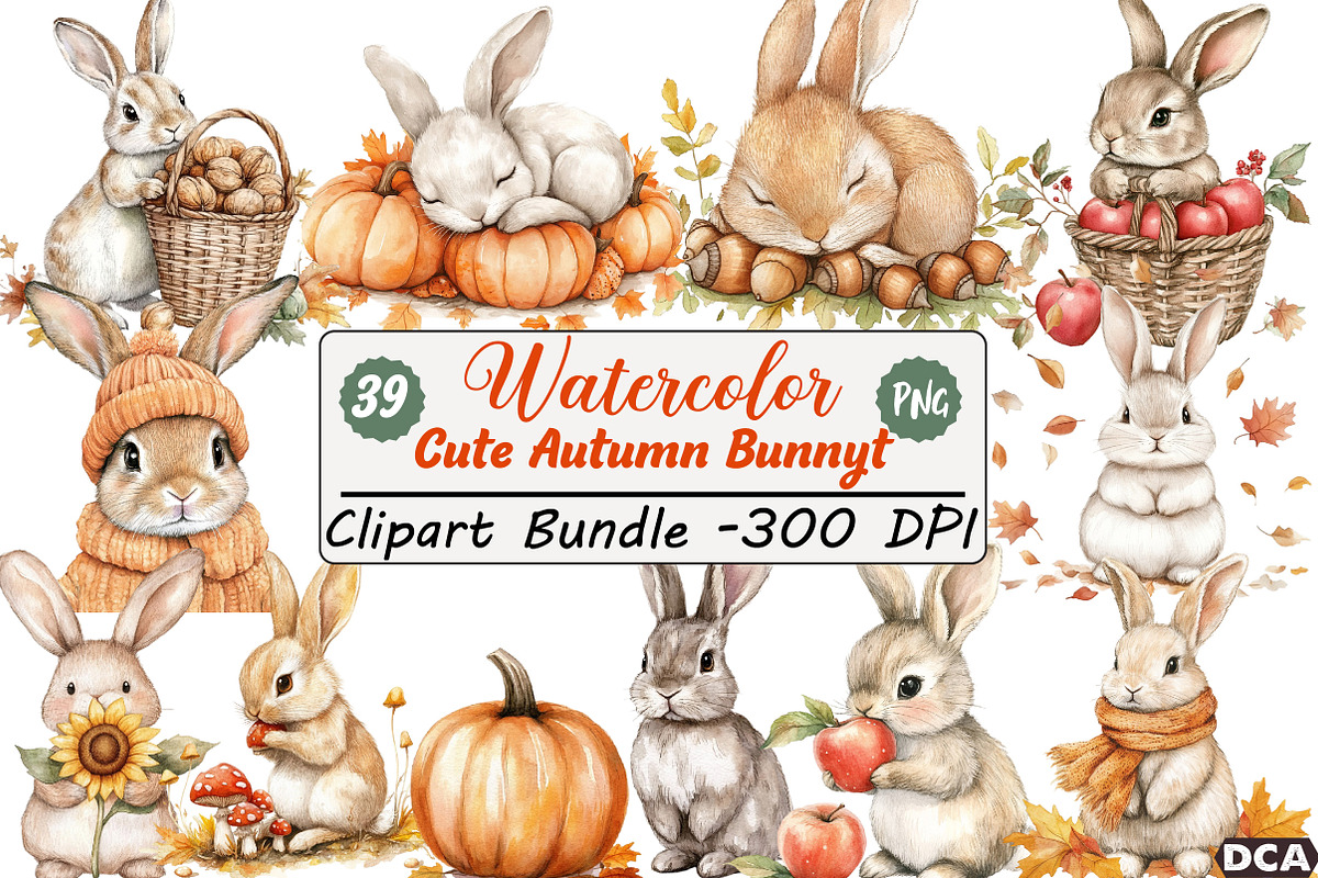 Cute Autumn Bunny Sublimation Clipar, an Illustration by DreamCafeArt (Photo 1 of 9)