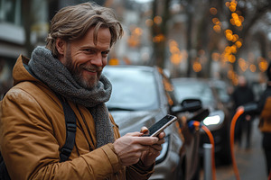 Man smiles while using smartphone ou, a Photo by Tanuart