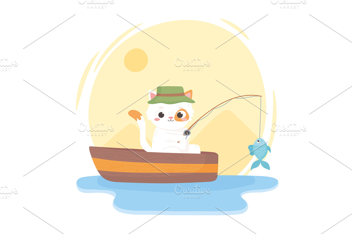 cat fishing on the boat, an Animal Illustration by studiogstock