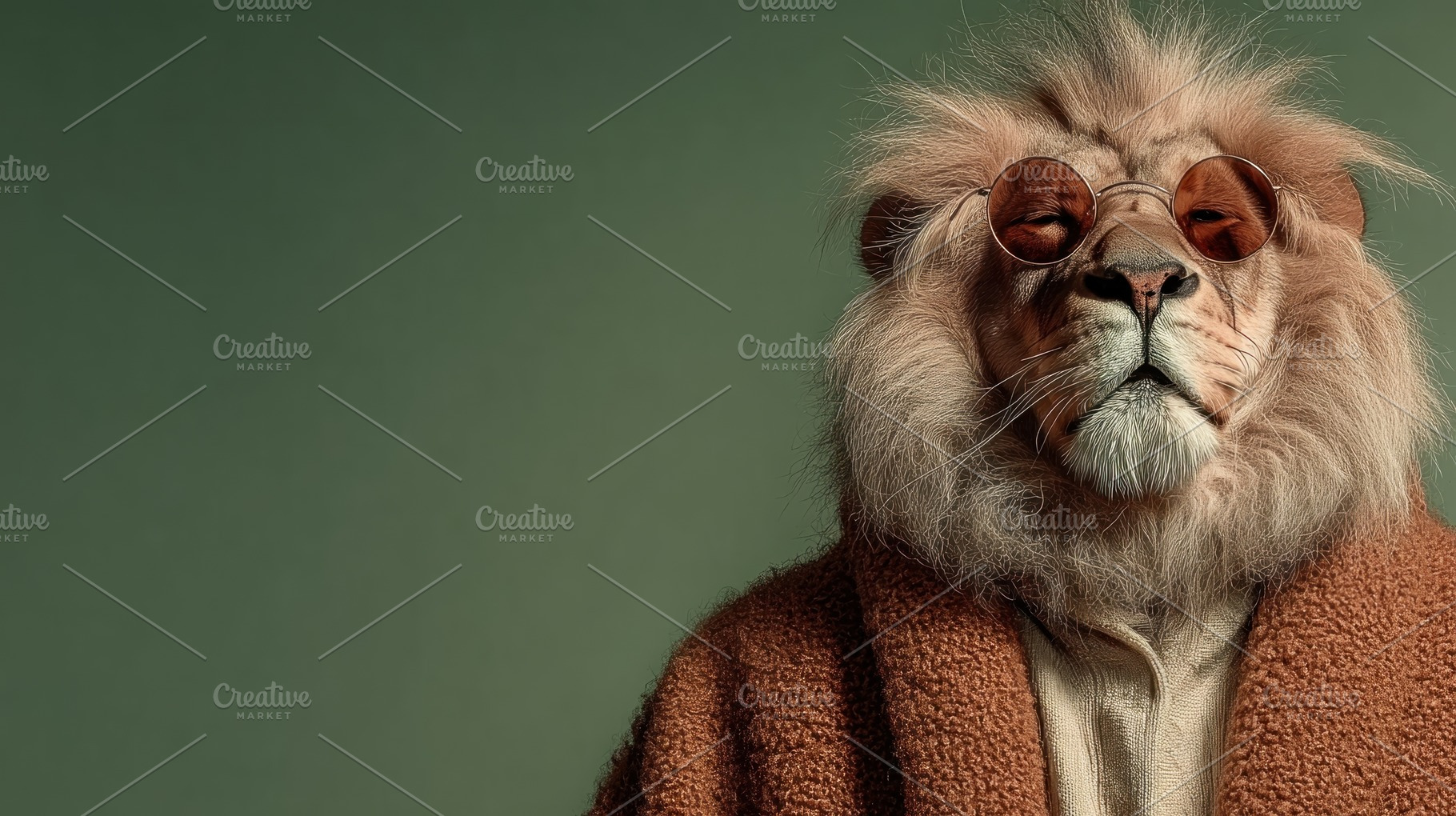 Portrait of Stylish Lion Wearing Round Sunglasses and Brown Coat, a Person Photo by José Manuel Gelpi