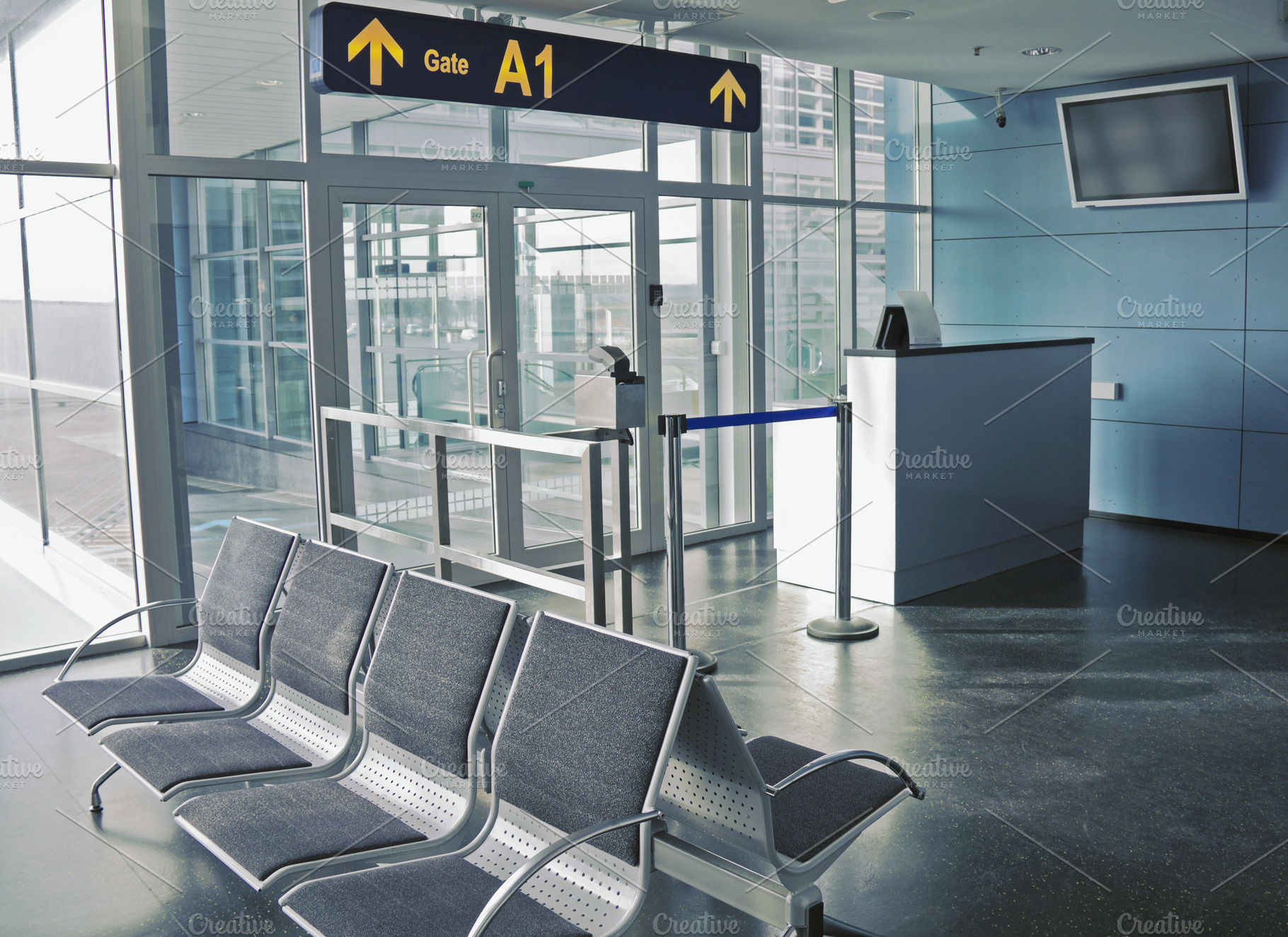 Closed boarding gate in airport, a Transportation Photo by BOOCYS