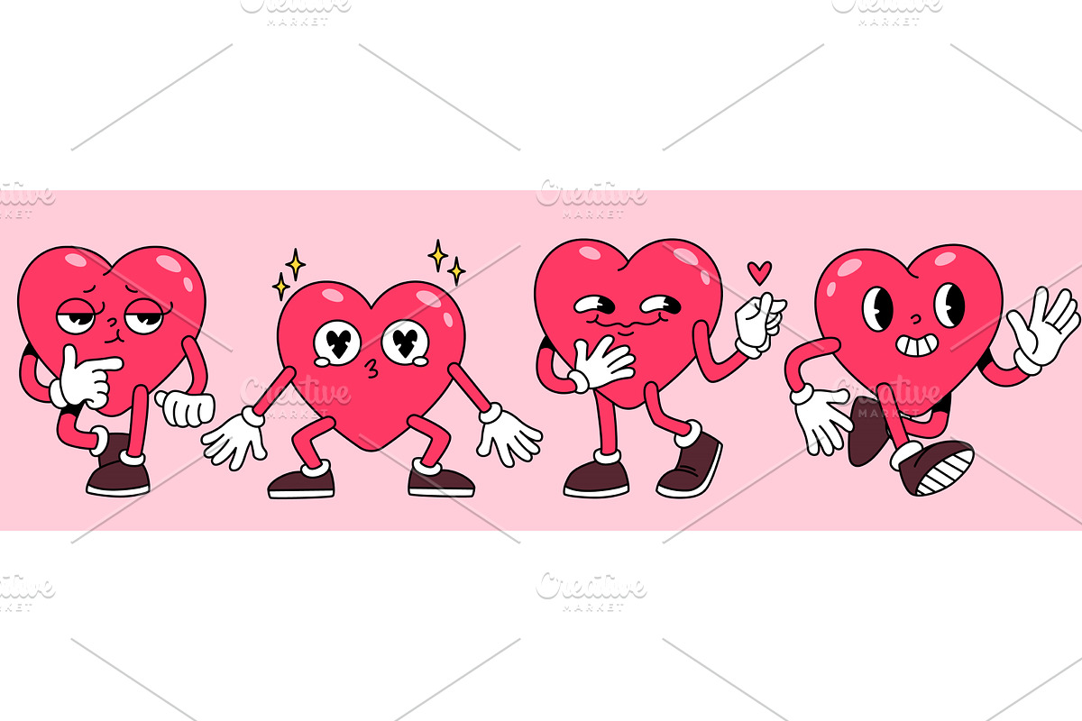 Cartoon groovy heart characters, an Illustration by art PVP - market