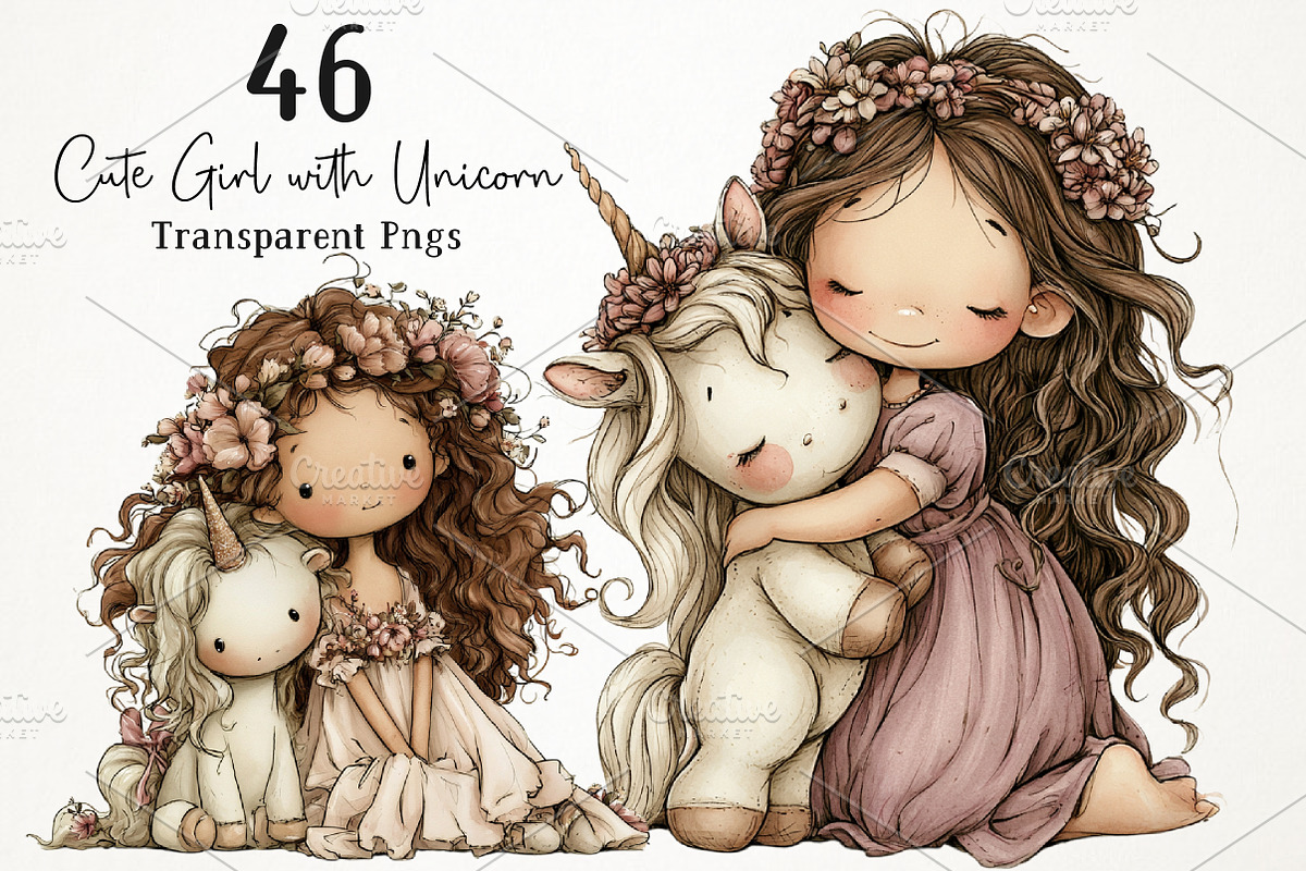Cute Girl with Unicorn PNG Clipart, a Seasonal Illustration by RobertsArt (Photo 1 of 7)