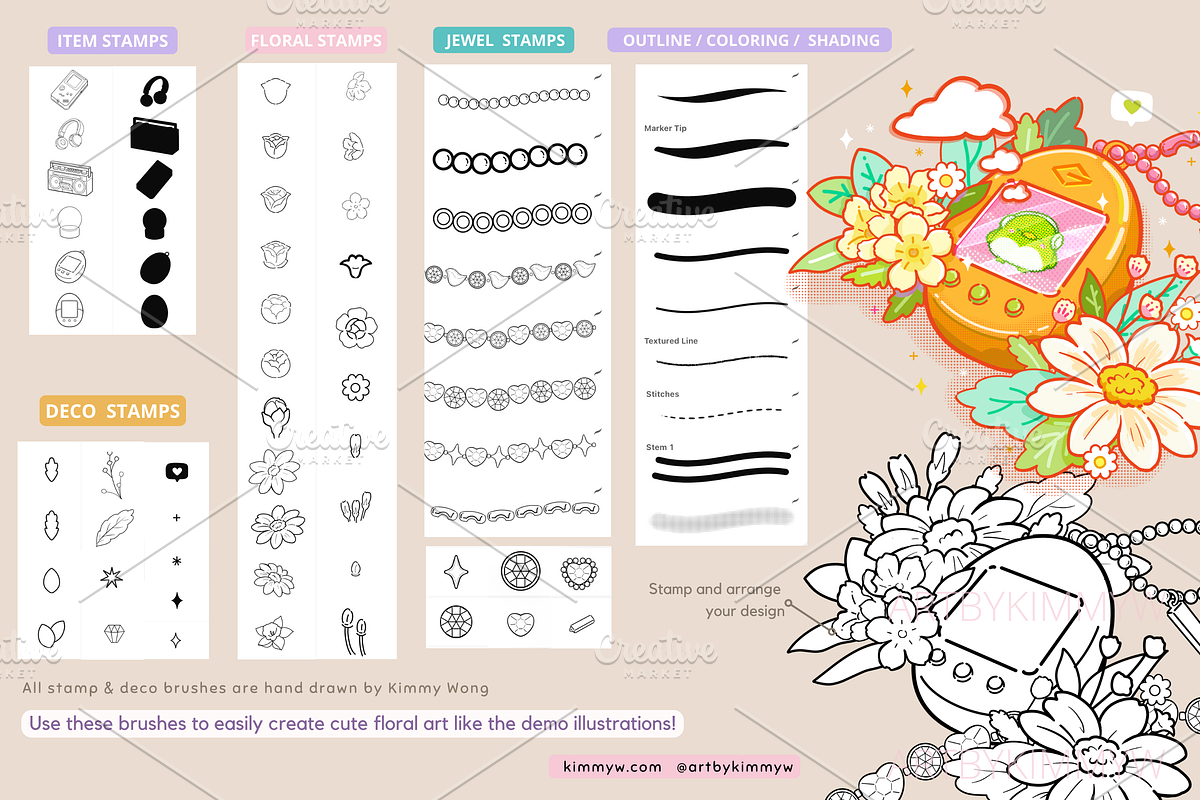 Procreate Kawaii Art Floral Brushes, a Brush Add-On by Artbykimmyw (Photo 2 of 11)