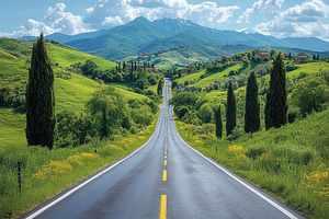 Traveling down a picturesque road wi, a Photo by Tanuart