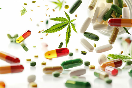 Colorful pills and cannabis leaves scattered on white background, a Photo by Dvoevnore photos
